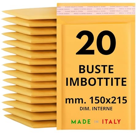 Easy8 20 Buste Imbottite per Spedizioni, 150x215 mm, Buste Pluriball, Bolle Aria, Spedizione in Carta Avana con Chiusura Adesiva, Gialle, Sigillanti e Protettive per Materiali Fragili e Delicati