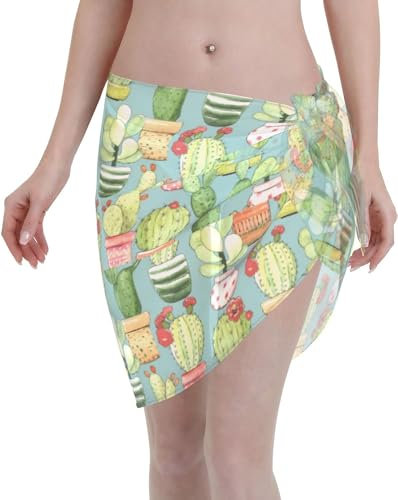Women Beach Sarong Cacti in Pots On Turquoise Women Short Sarongs Beach Wrap Sheer Bikini Wraps Chiffon Cover Ups for Swimwear