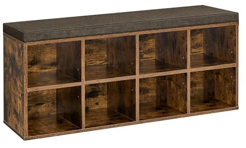 VASAGLE Banco Zapatero, Organizador Zapatero con 8 Compartimentos y 4 Estantes Ajustables, Asiento Acolchado, Compacto, para Entrada, Pasillo, Armario, Marrón Rústico LHS238K01
