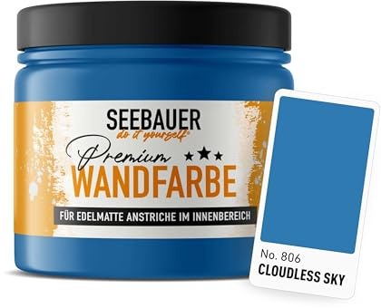 SEEBAUER diy Wandfarbe Blau 300ML für Innen (No. 806 Cloudless Sky) Edelmatte dunkelblaue Innenfarbe - Blautöne sehr hohe Deckkraft - Matt, Abwaschbar und Tropffrei