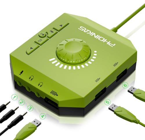 Externe Soundkarte, PHOINIKAS T10 USB Audio Adapter für PC Windows, Mac, Linux, Laptops, Desktops, Stereo Soundkarte mit 3,5mm Schnittstelle & USB Schnittstelle, Plug & Play (6-in-1, Grün)