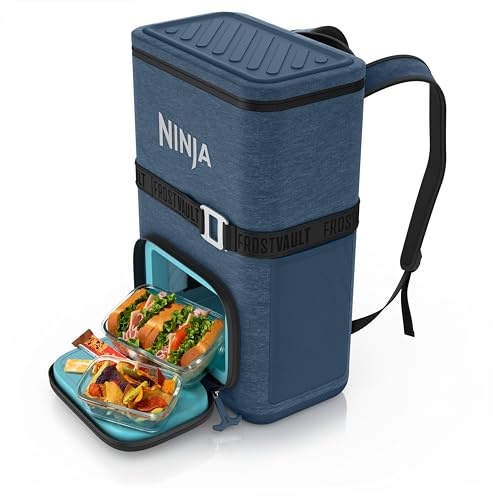 Ninja | Backpack Cooler | FrostVault Go 24 Can Soft Cooler | Leakproof Zipper with Built in Can Opener, 2 Ice Packs & Dry Storage Drawer | for Hiking, Camping & More | Lakeshore Blue | FF124NV