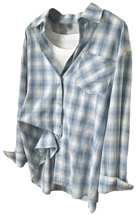 Floerns Women's Casual Long Sleeve Button Down Plaid Shirt Blouse Top Dusty Blue Small