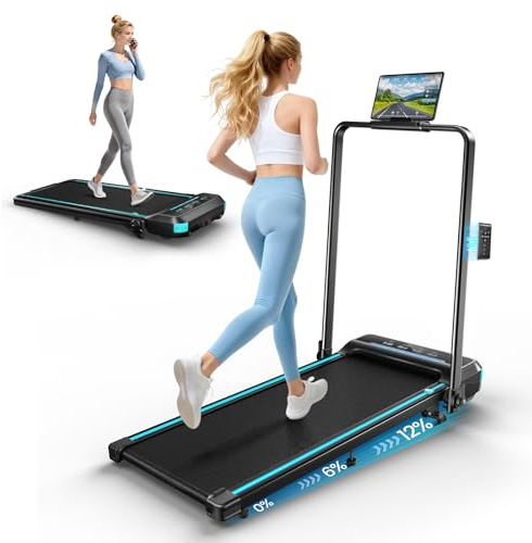 YIMUYIMU Treadmill for Home Foldable, 12km/h Folding Treadmill with 12% Incline, 2.75HP Quiet Walking Pad with Handle Bar, Bluetooth App & Magnetic Remote Control, 300LBS Capacity, LED Display