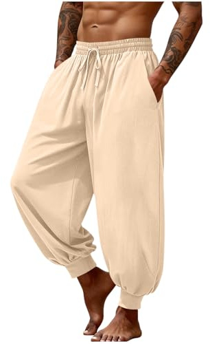 Homme Pantalon en Lin Été Couleur Unie Taille Elastique Pants Baggy Coton Lin Pantalons de Plage Sport Jogging Léger et Respirant Coupe Droite Ample Grande Taille avec Cordon de Serrage