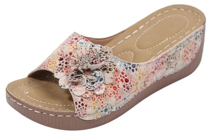 Sandali da trekking da donna, scarpe estive, in pelle, piatte senza lacci, con fiori in tessuto 3D, comodi sandali larghi per esterni, scarpe da trekking, eleganti pantofole da spiaggia, beige., 38 EU