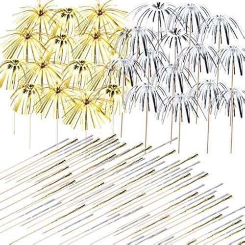 Allazone 200 Pz Fuochi D'artificio Cocktail Decorativi, 23CM Oro Argento Fuochi D'artificio Cake Topper Cocktail Bevande Feste Decorazione per La Decorazione Di Torte, Forniture per Feste