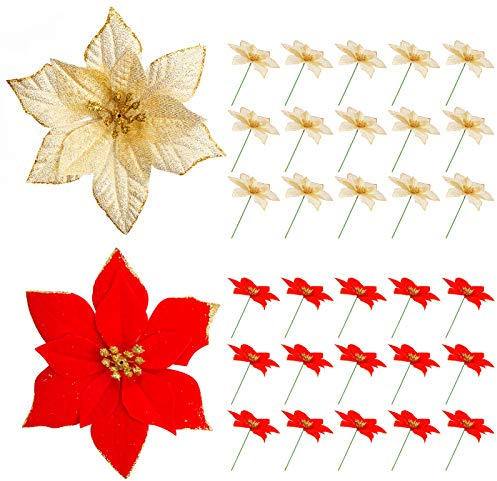 Kiiwah 30pcs Fleur de Noel Artificielle de Paillettes Fleur Noel Decoration pour Les Décorations de Noël de Noce