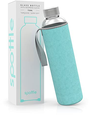 spottle gourde avec housse en néoprène - bouteille en verre de 500ml, 750ml ou 1 L avec couvercle de protection et bouchon à vis pour le sport et les boissons gazeuses (Turquoise, 750ml)