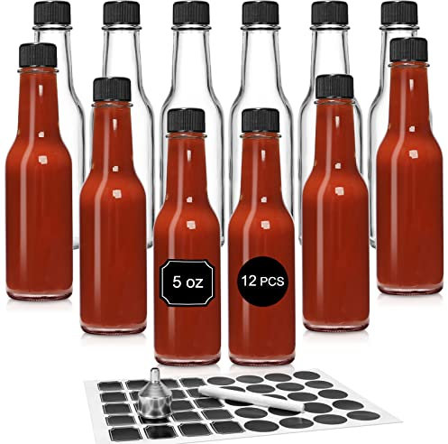 12 pcs 5oz / 150ml Hot Sauce Glass Bottles with Leak Proof Screw Cap, Orifice Reducer Dripper Insert, Clear Oil Bottle for Kitchen, Home Brewing, Wine & Juicing