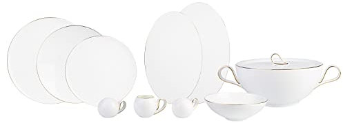 Karaca Fine Pearl Chanak Gold Table Service Set -62- Pieces for 12 People, 12 Person Dinner Set 62-Piece Tableware Set for 12 People with Soup Plate Cake Plate White Color