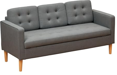 HOMCOM Modern 3-Seater Sofa Button-Tufted Fabric Couch with Storage Chest Rubberwood Legs for Living Room, Grey