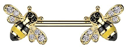 Piercing Sein Téton en Acier Chirurgical 316 L et Oxydes de Zirconium - Piercing Mamelon avec 2 Abeilles aux Ailes Pavées de Zircons - (Or Doré/Clair)