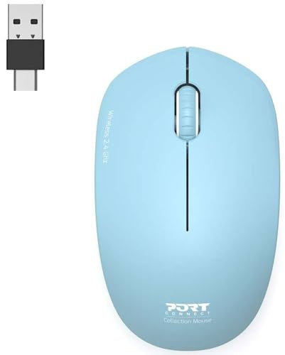 Port Connect Kabellose PC-Maus, 2,4 GHz, Kollektion 2, für Computer – optischer Sensor 1600 DPI – 3 Tasten – kompakt, beidhändig & leise, azurblau