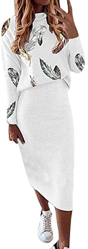 Robe en Tricot Femme 2 Pièces Ensembles Uni Manches Longues Pullover Haut et Jupe Tricoté Pull à Col Roulé Robe Tricotée Loungewear Aotumne Hiver Midi Robe 2 Pièce
