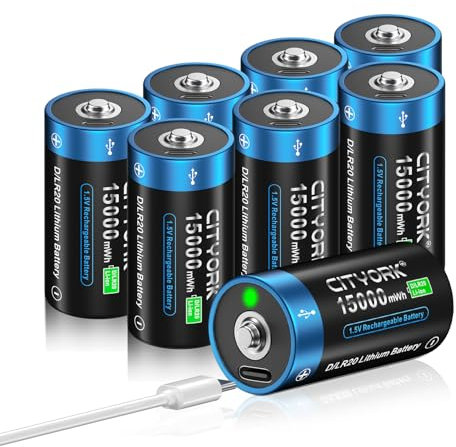 CITYORK Batería recargable USB D de 15000 mWh, 1,5 V, con cable de carga USB-C (8 unidades), batería recargable USB D de iones de litio, celdas mono D LR20, más de 1000 ciclos y reciclable – sin