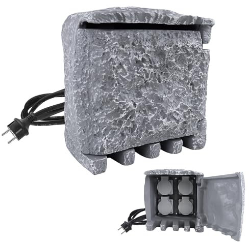 SUBTLETY Presa da giardino effetto pietra, presa esterna con 4 slot e cavo da 300 cm, multipresa esterna, con picchetto, IP44, presa impermeabile con contatto di protezione per giardino e esterni