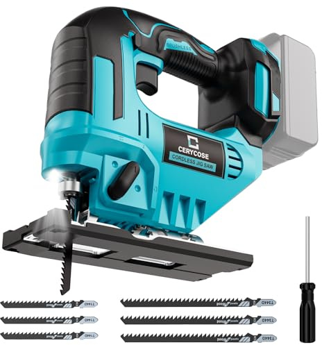 Cerycose Jigsaw Compatible With Makita 18V Battery, Cordless jig saw tool With LED Light, 0°- 45° Bevel Cuts, 3 Position Orbital Setting for Straight/Curve/Bevel/Circle Cutting (NO Battery)