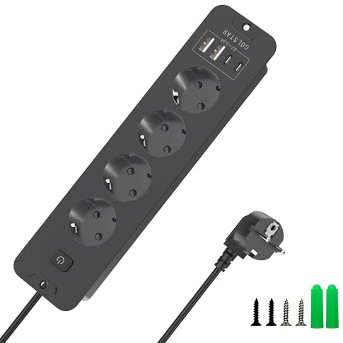 Sänkbar grenuttag 4-vägs med 4 USB (2 USB-C, 2 USB-A), 16 A, 2 m kabel, energibesparande brytare – osynligt inbyggt uttag för rent skrivbord (svart)