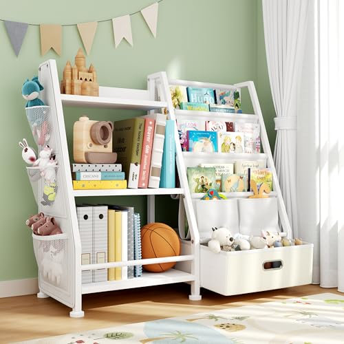 GoTiling Kinder Bücherregal Kinderzimmer Spielzeugregal: Bücherregal mit 1 Aufbewahrungsboxen und 3 Offenen Fächer, Spielzeug-Organizer für Kindergarten, Spielzimmer, Weiß