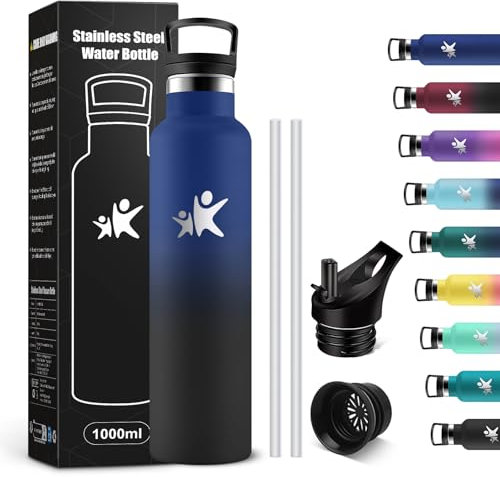 KollyKolla Stainless Steel Water Bottle, 1 Litre, Stainless Steel Drinking Bottle with Straw, Thermos Flask, Leak-Proof, BPA-Free, Suitable for Carbonated Drinks, Water Bottle for Adults, Sports,