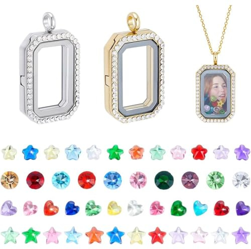 PH PandaHall Collier Médaillon Doré Pendentif Flottant en Platine Pendentif Rectangulaire en Verre avec Cabochon en Verre de Cœur et Fleur pour Bijoux de Mariage DIY Cadeau D'Été (Sans Chaîne)