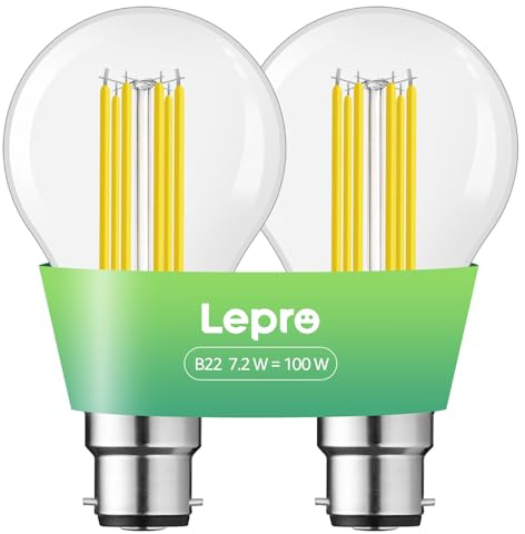 Lepro B22 Bayonet Light Bulb, A-Rated Ultra-efficient LED Bulb, 7.2W = 100W, 1521lm, 2700K Warm White, 50000H Lifespan, Clear Filament, Vintage Glass, Non-dimmable, Pack of 2