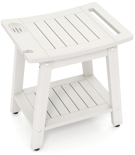 RELAX4LIFE Sgabello da Bagno con Ripiano Portaoggetti, Panca da Doccia Solida in HIPS Fino a 150 kg, Sgabello da Doccia con Maniglia per Adulti, Anziani, 41 x 31,5 x 43,5 cm, Bianco