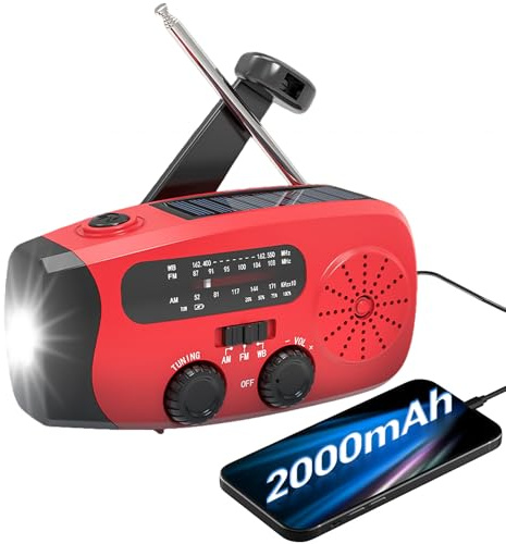 Wind Up Solar Radio, Emergency Radio,Portable Charger Hand Crank Radio, AM/FM/NOAA Crank Radio,2000mah Battery LED Torch & SOS Alarm,USB Phone Charger Fast,Emergency Use for Hiking Camping