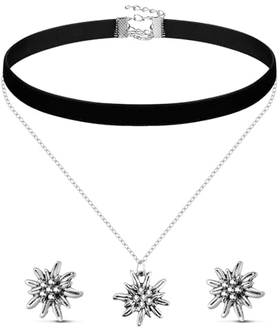 Otuuz Set di Gioielli Tradizionali Collana e Orecchini con Stella Alpina Collana Doppia per la Festa della Birra Accessori per il Costume Tradizionale Dirndl(Nero)