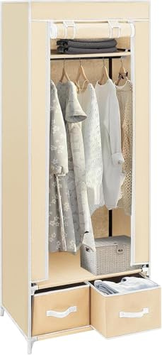 Trintion Portable Wardrobe 160 x 60 x 43CM Single Canvas Wardrobe Clothes Storage Organizer with 2 Drawers and Hanging Rail for Living Room, Bedroom (Beige with 2 Drawers)