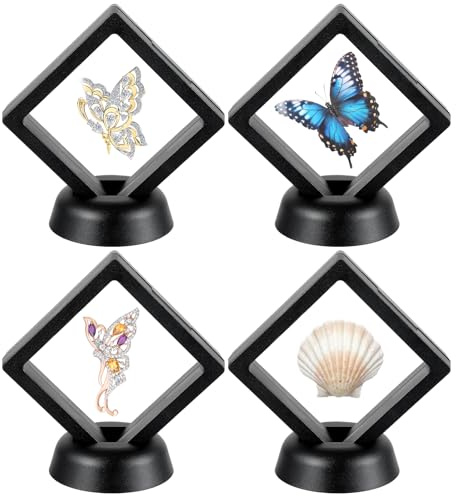 4 stycken flytande mynthållare, 3D-svävande ramar, kvadratisk displayram med silikonmembran, svävande ramar för att säkra minnen, smycken, utmanande mynt, medaljer (svart)