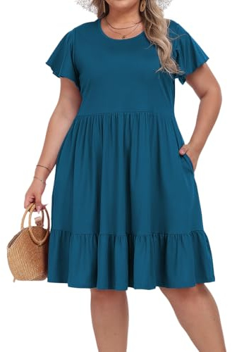 Moon Wood Robe Ete Femme Manches Courtes mi Longue Elegant Col Rond Casual Robes Dress avec Poches Grande Taille