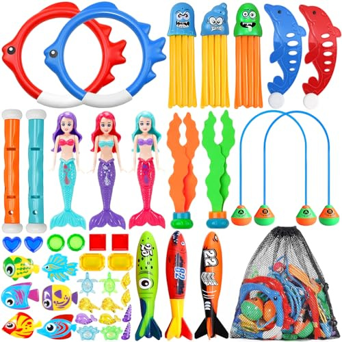 Giochi Immersione Piscina 43 Pezzi,Giochi da Piscina per Bambini,Giocattoli da Immersione Inclusa Bastoncini da Immersione,Tesori dei Pirati e altro,Ideale per Spiaggia Piscina, e Allenamento Nuoto