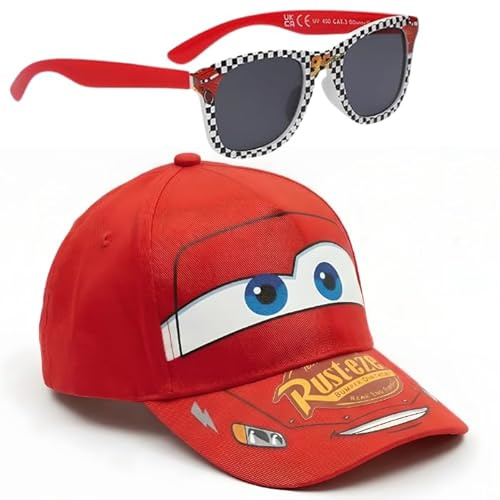 Disney Cars | Stitch | Minnie Mouse Cappellino da Baseball e Occhiali da Sole | Cappello e Occhiali con Protezione UV 400 per Bambini | Set di Accessori Estivi per Spiaggia e Vacanze (Cars McQueen)