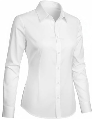 InfiniZer White Shirts for Women, Ladies Long Sleeve Button Down Stretch Blouse for Office Work Business Casual