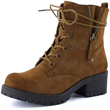 Dunes Kobe Womens Combat Boots – Stylish Lace-Up Design with Side Zipper, Durable Lug Sole, and Block Heel + Memory Foam, Faux Fur Lining, TAN, 10