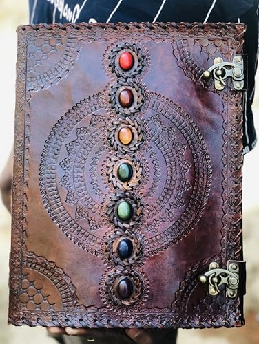 Amerikansk blå läderjournal bok sju chakra medeltida sten präglad handgjord bok med skuggor anteckningsbok kontor dagbok högskola bok poesi bok skissbok 25 x 33 cm (brun)