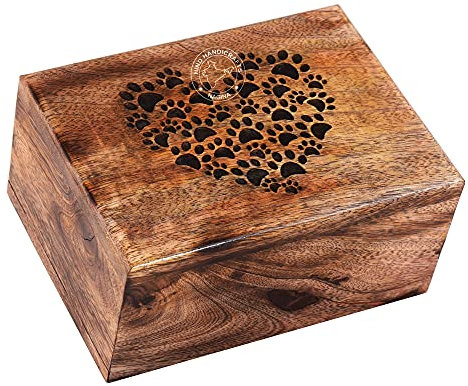 Hind Handicrafts Urne funéraire en bois de manguier vieilli gravé pour chiens et chats - Urne funéraire pour cendres - Boîte en bois pour photo (100 cubes en forme de patte de cœur)