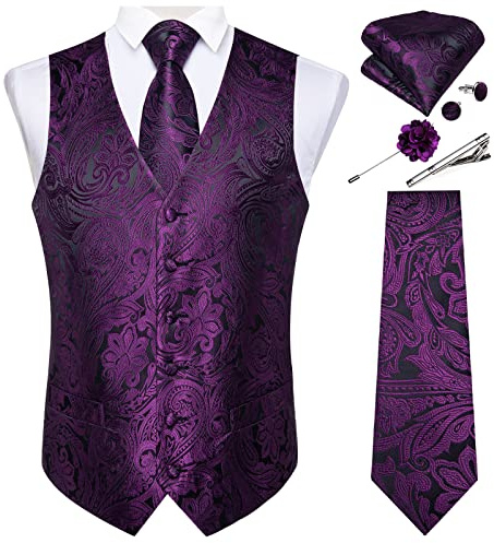 DiBanGu Mens Vest and Tie Set Formal Paisley Waistcoat and Necktie Pocket Square Cufflinks Silk Suit Vest for Tuxedo Wedding, Black Purple, Small
