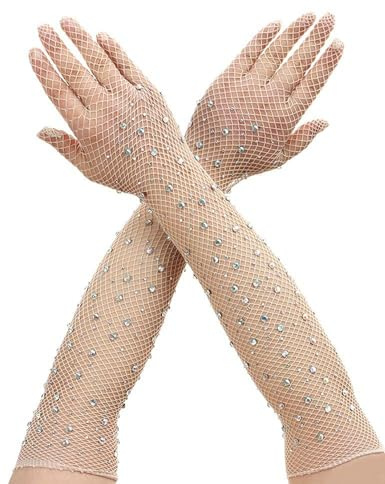 RSLOVE Gants en Résille pour Femmes Gants de Fête Pailletés Gants à Paillettes Gants de Bal Accessoires 1920 Style Classique Blanc