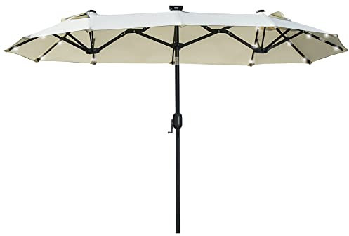 Outsunny Doppelsonnenschirm, 295 x 219cm, Sonnenschirmmit LED, oval, Gartenschirm windfest, stabil, Marktschirm mit verstellbarem Neigungswinkel für Terrasse, Pool, Polyester, Stahl, Beige
