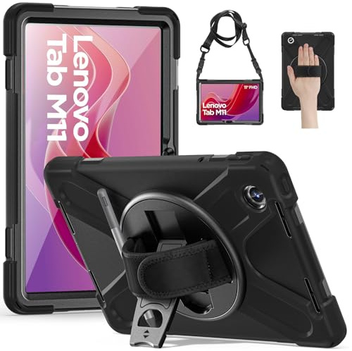 Gerutek Funda Anticaída para Lenovo Tab M11/K11/Xiaoxin Pad 2024 11, (TB-330FU/331FC/330XU), Carcasa Rugosa con Soporte Giratorio, Correa de Mano/Hombro, Portalápiz, Funda para Lenovo Tab M11, Negro