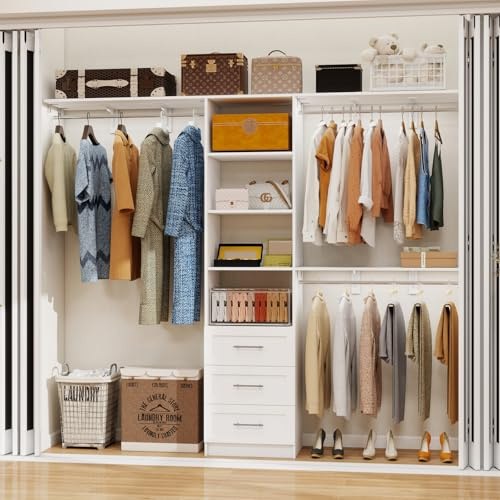 secilix Closet System with Drawers, 5-8FT Closet Organizer Systems with Expandable Hanging Rods, 96 Closet Shelving Systems for Walk in Closets, Heavy Duty Wall Mount Closet Systems-White