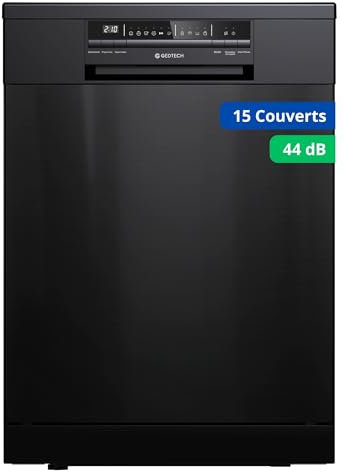 GEDTECH Lave-vaisselle GLV1544BL 15cv - Tiroir à couverts – 44 dB – Très silencieux - Départ Différé - Eco - Intensif - Rapide – Faible conso - Classe C - Noir - Protection enfant