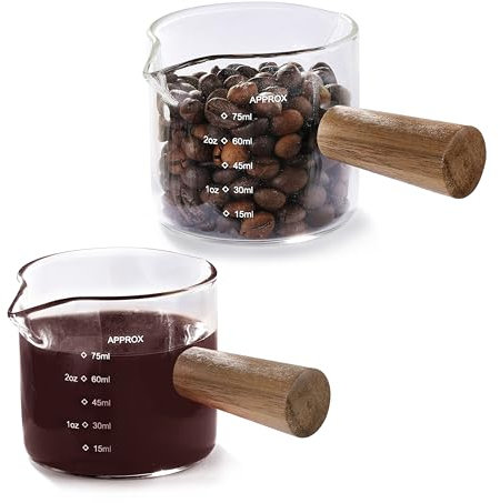 VRUIFA 2 Pack Measuring Cups, Espresso Shot Glass with Wood Handle, Clear Glass with Dual Scale, Espresso Accessories with Double Spouts, 2.5 OZ /75 ML