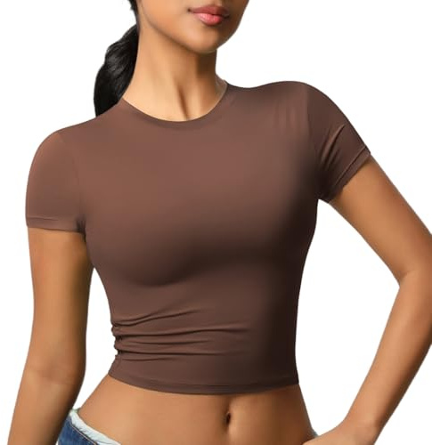 JTSONN T-Shirt de Sport Femmes Manches Courtes Respirante Chemise Fonctionnelle Haut de Course Chemise Compression Col Rond Yoga Fitness Workout Gym Running Crop Top