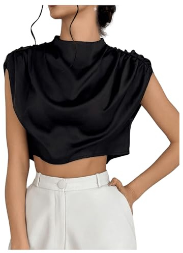 SweatyRocks Women's Satin Crop Tops Ruched Mock Neck Cap Sleeve Elegant Blouse Shirt Black X-Small