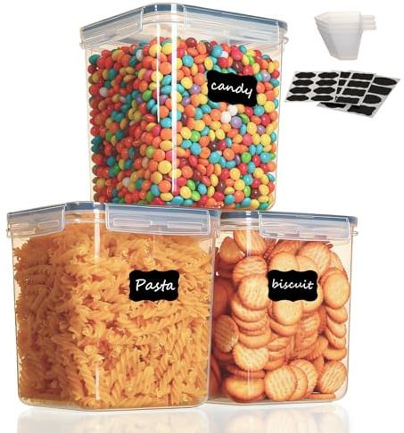 Cozary 2.5L Botes Cocina Almacenaje con Tapa,3 Piezas Recipientes para Alimentos de Plástico Herméticos,Contenedores Alimentos con 3 Cucharas Medidoras, Sin BPA, para Cereales, Pasta, Muesli, Arroz