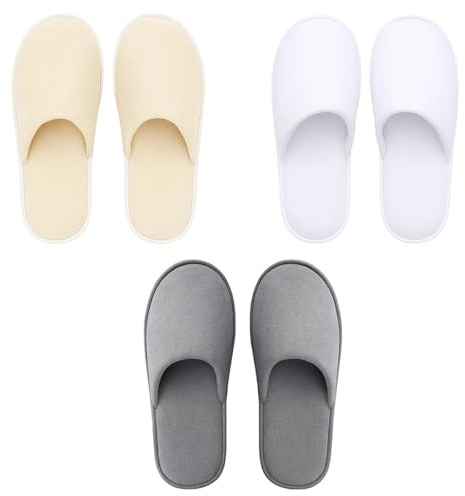 Hotel Slippers, Disposable Cotton Velvet Slippers for Men and Women, Multipack of 3 Pairs, Soft Fluffy Slipper for Home, Bedroom, Bathroom, Indoor, Hotel or Spa Use, Gray, Beige and White